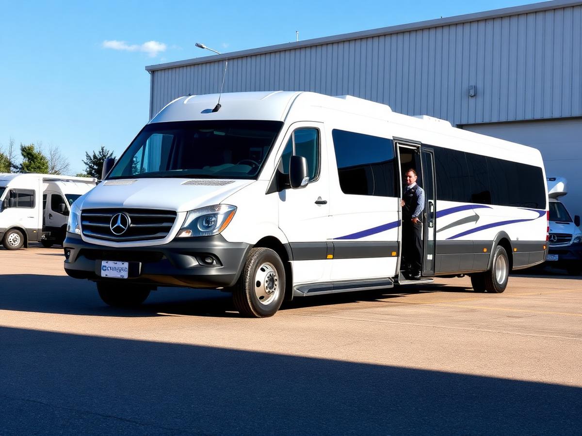 Van de transporte de passageiros com motorista uniformizado