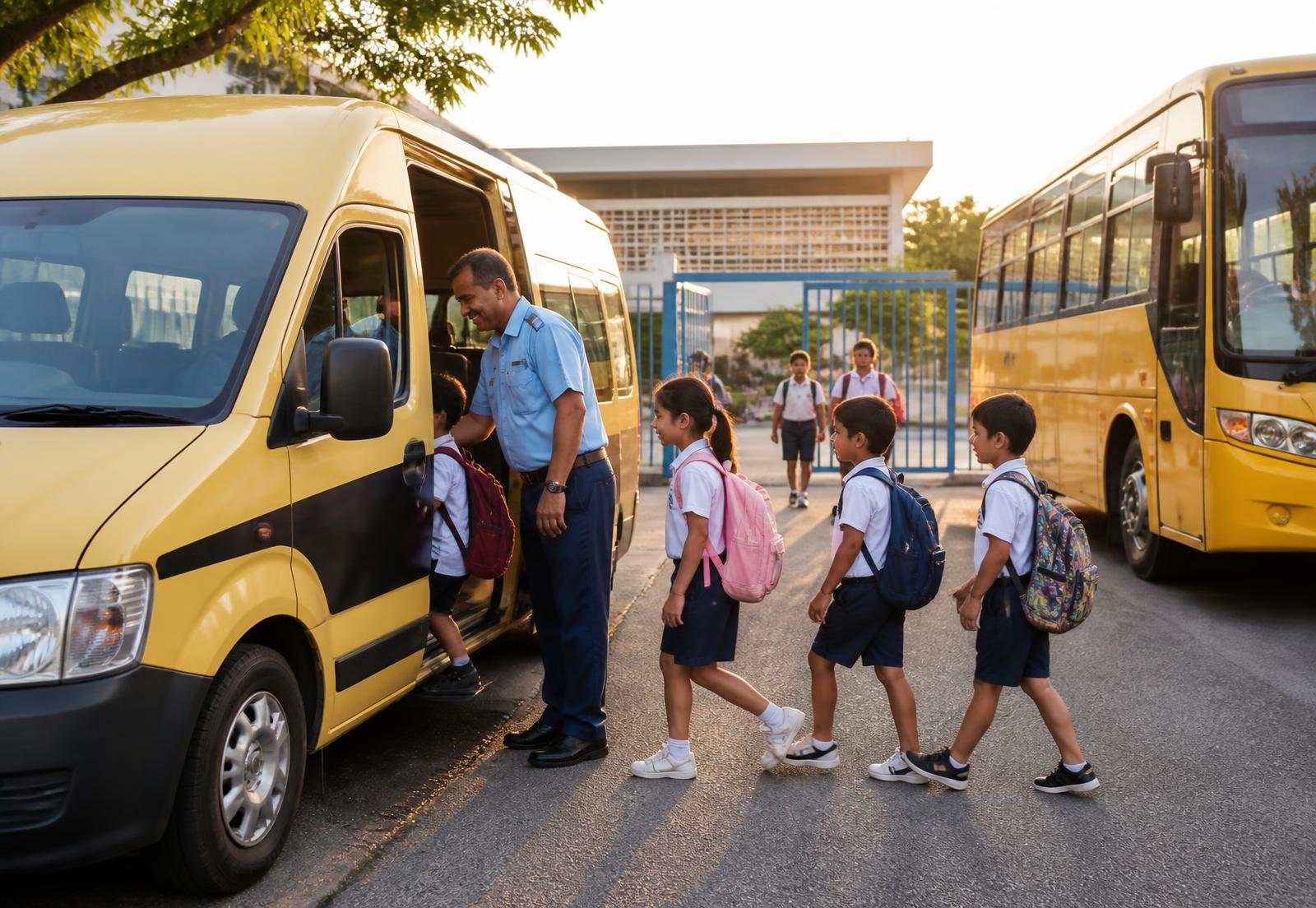Van escolar recebendo alunos em frente à escola